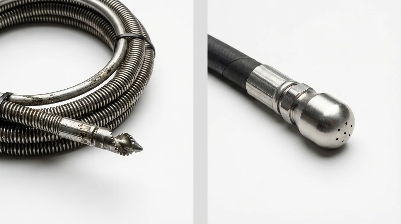 Drain snake cable and hydro jetting nozzle used for drain cleaning in Irvington, NY