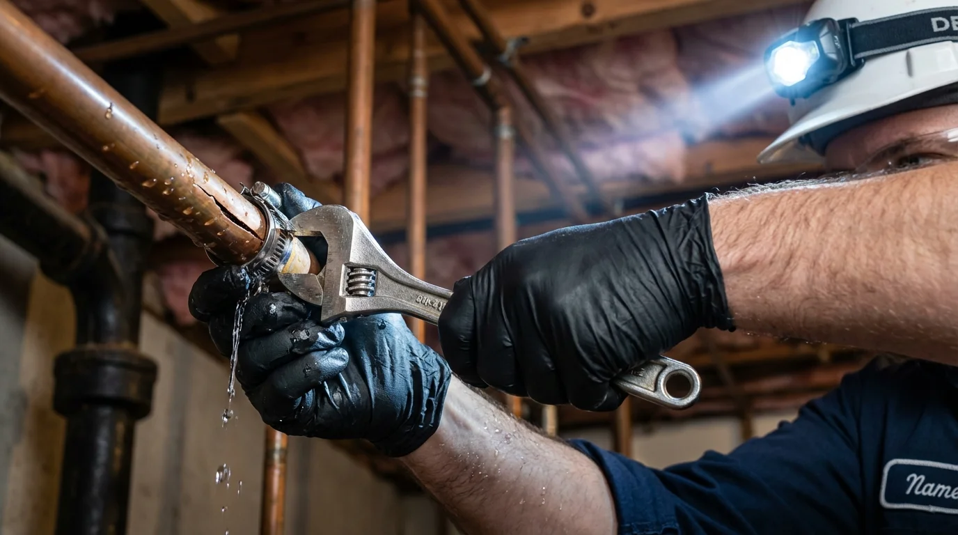 Emergency pipe clamp repair being performed by a Johns Plumbing LLC plumber in Irvington