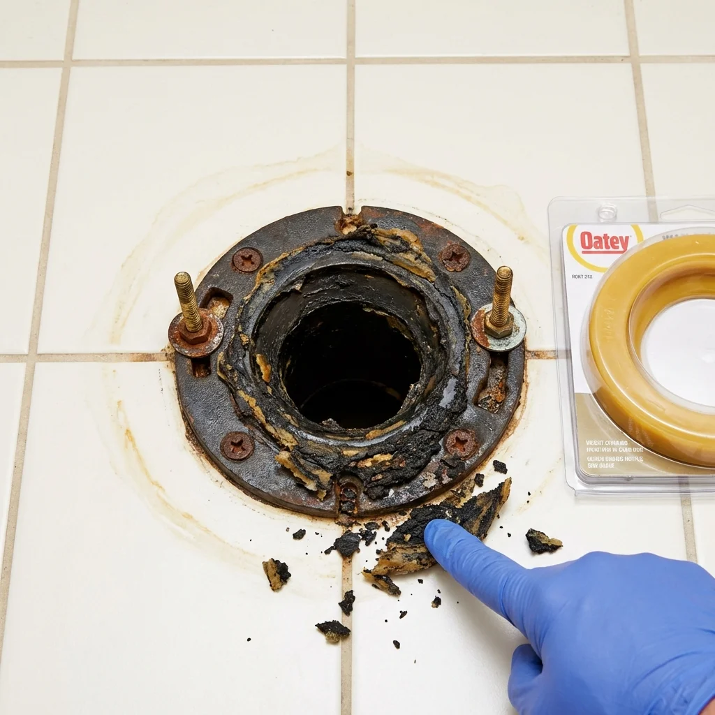Failed wax ring showing water seepage at the base of a toilet in a Irvington, NY home