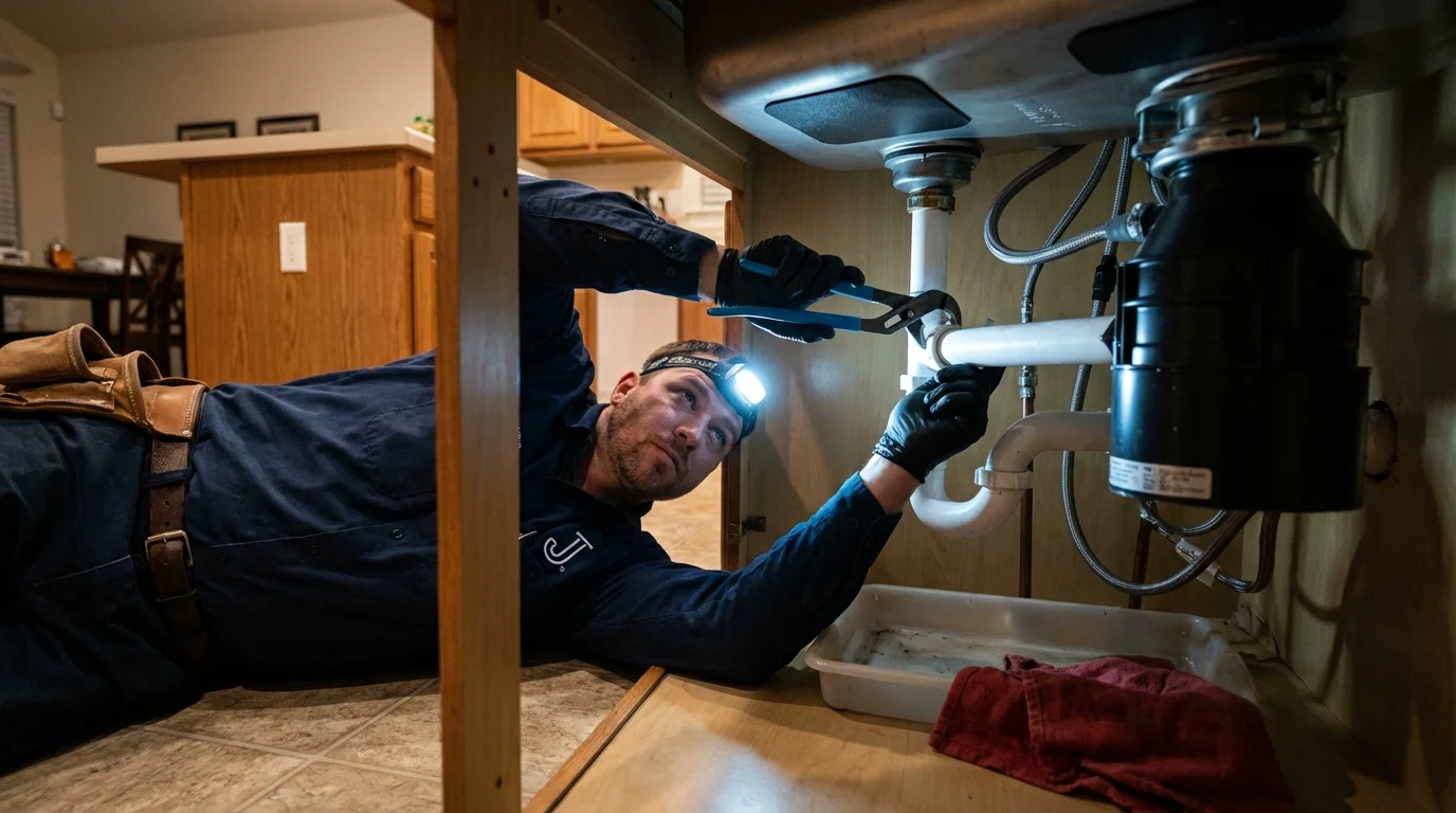 P-trap and supply line connections under a kitchen sink showing a common leak point in Irvington, NY